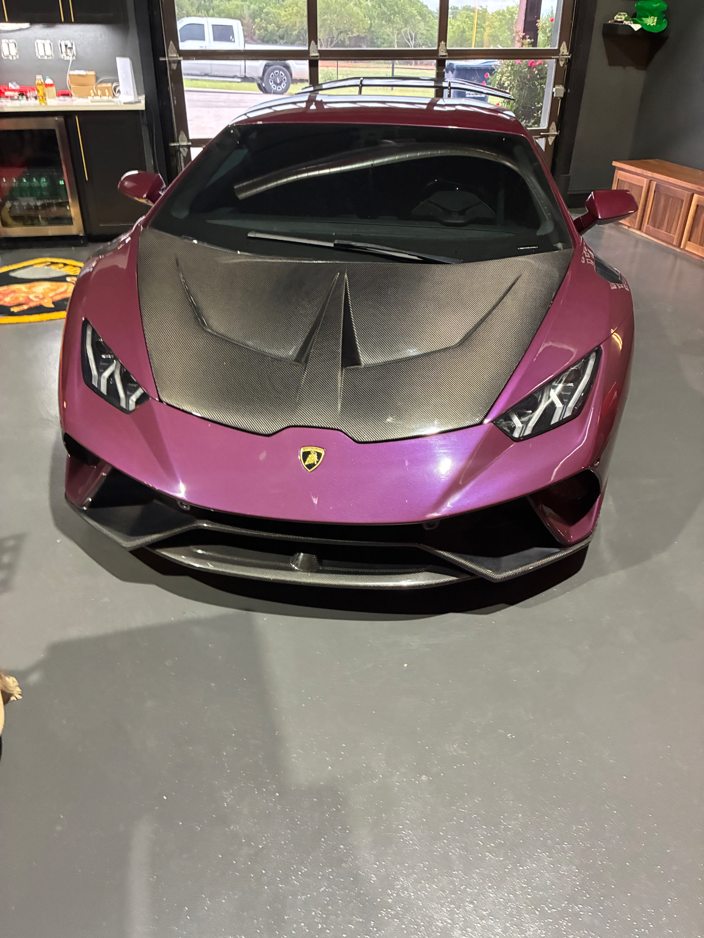 Purple Lamborghini Huracán with carbon fiber hood — FX Wraps color change